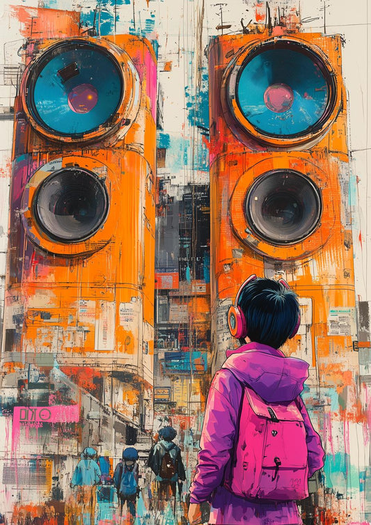 Vibrant Street Art Canvas Print with Urban Soundscapes in Orange and Blue | Original Digital Download | Home Decor Wall Art