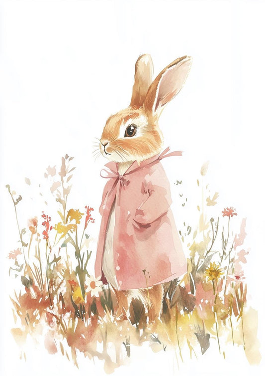 Charming Beatrix Potter Inspired Rabbit Watercolor Print for Kids Room Decor Cute Bunny in Pink Coat Wall Art Canvas Digital Download