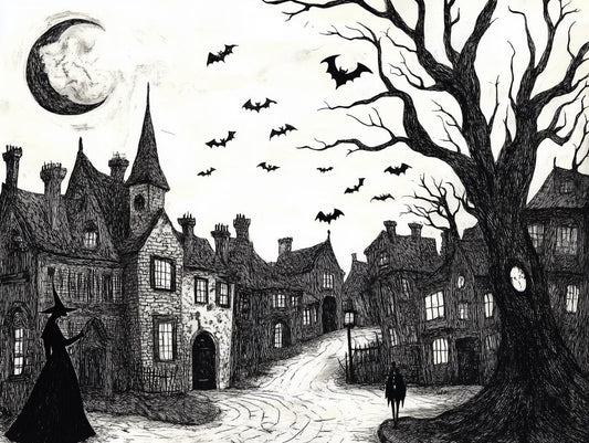 Gothic Village Edward Gorey Style | Wall Art Black White Canvas Print Haunted Halloween Decor Digital Download