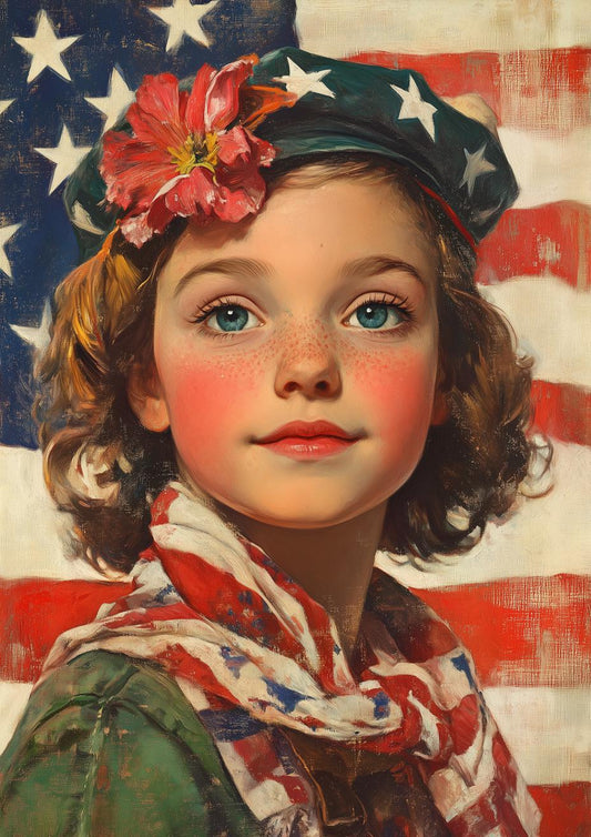 Custom Canvas Print of a Young Girl with American Flag, Inspired by Norman Rockwell's Nostalgic Style