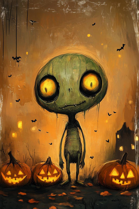 Spooky Pumpkin Monster Canvas Print Halloween Decor Hand-Illustrated Art Inspired by Tim Burton Style