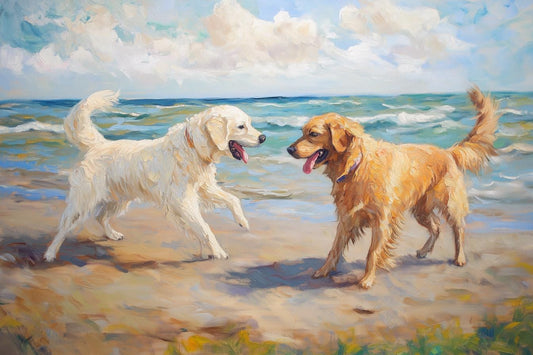 Custom Canvas Print of Playful Golden Retrievers Beach Scene Inspired by Monet's Impressionist Style for Wall Art Home Decor