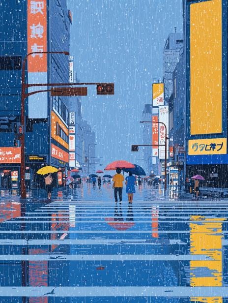 Rainy Cityscape Canvas Print Inspired by Hiroshige Stunning Urban Wall Art and Home Decor Digital Download