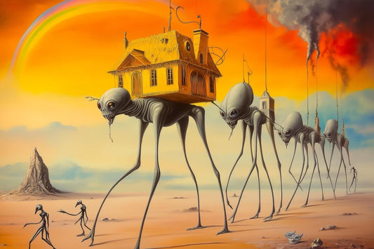 Surreal Canvas Print Inspired by Salvador Dali with Whimsical House and Ethereal Creatures for Unique Home Decor