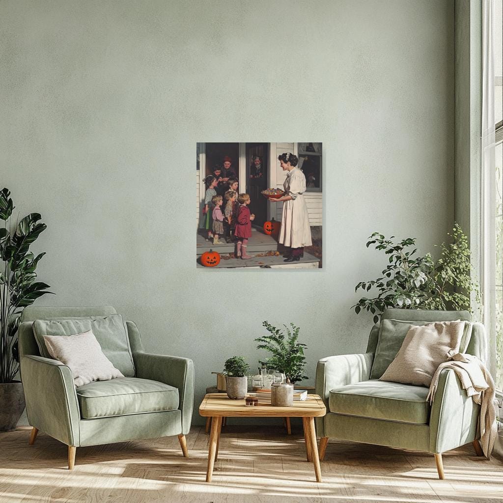 Charming Halloween Kids Canvassed Wall Art in the Style of Norman Rockwell Home Decor Digital Print