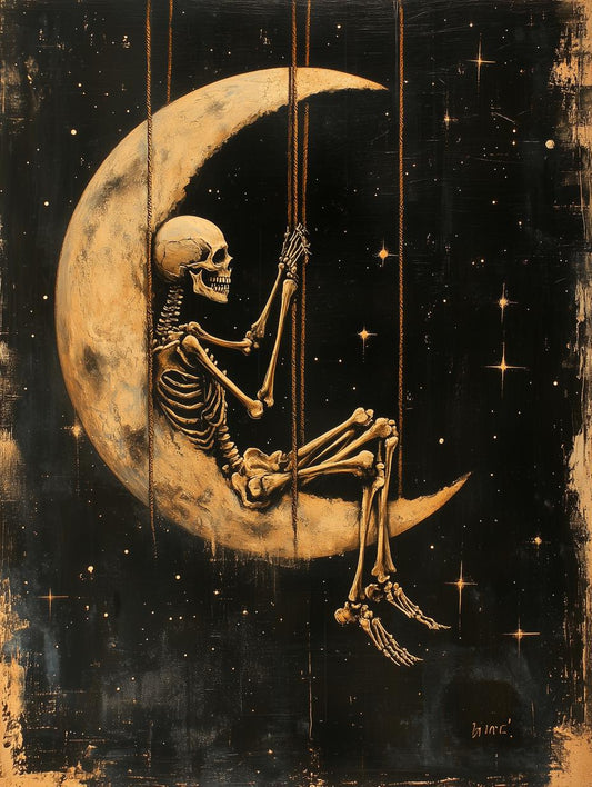 Skeleton on Moon Canvas Art Black Gold Wall Decor Inspired by Style of Van Gogh Unique Home Decor Digital Print