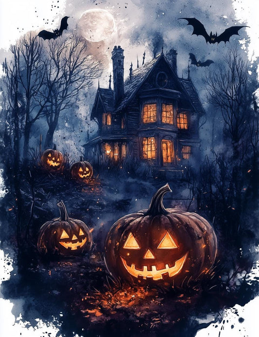 Spooky Halloween Night Canvas Print Vintage Style Haunted House Autumn Decor Pumpkins Wall Art Digital Download