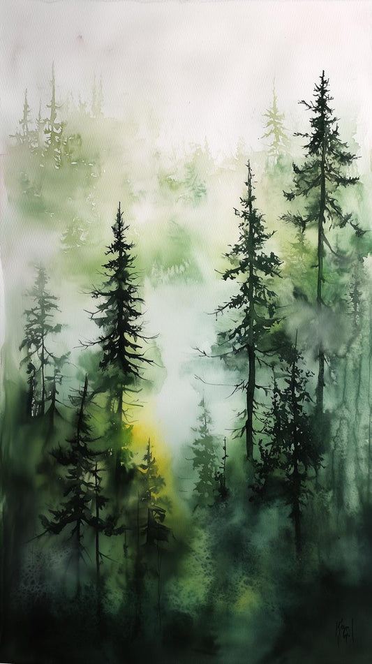 Custom Canvas Forest Mist Artwork Inspired by Bob Ross in Green and Black Tones for Home Decor and Wall Art