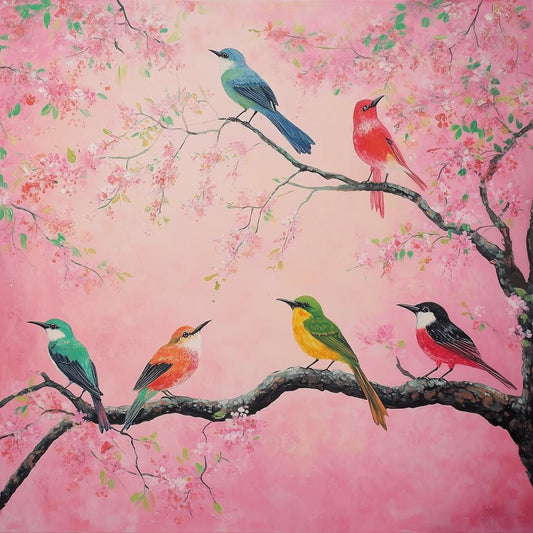 Colorful Bird Wall Art Canvas Print Inspired by Impressionist Style with Pink Blossoms Home Decor Digital Download