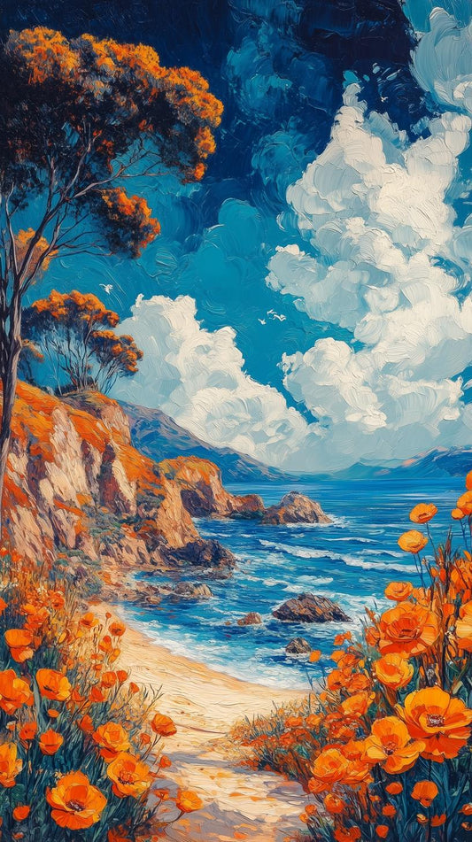 Coastal Bliss Canvas Print Inspired by Van Gogh with Vibrant Orange Poppies and Enchanting Blue Waters for Home Decor