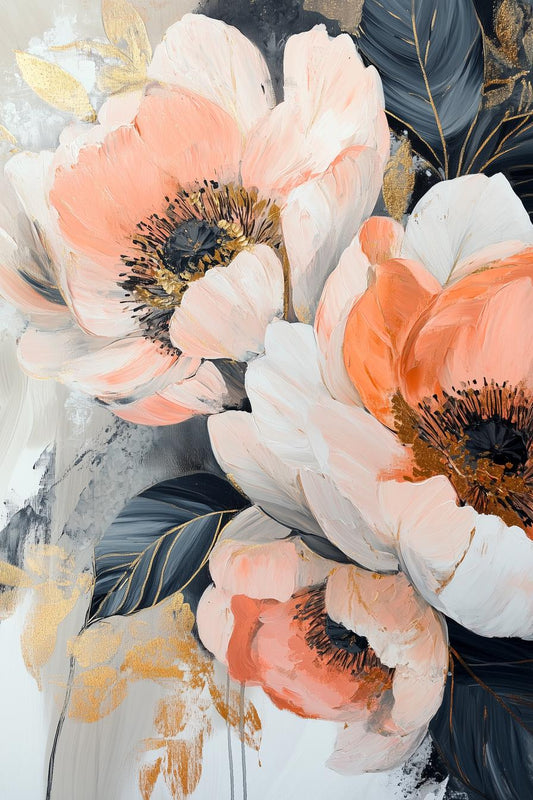 Elegant Floral Canvas Print in the Style of Monet with Soft Peach and Gold Accents for Home Decor and Wall Art