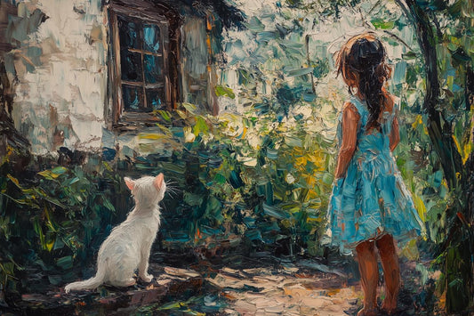 Custom Canvas Print Inspired by Impressionism Featuring a Young Girl and Cat in Nature with Soft Pastel Colors