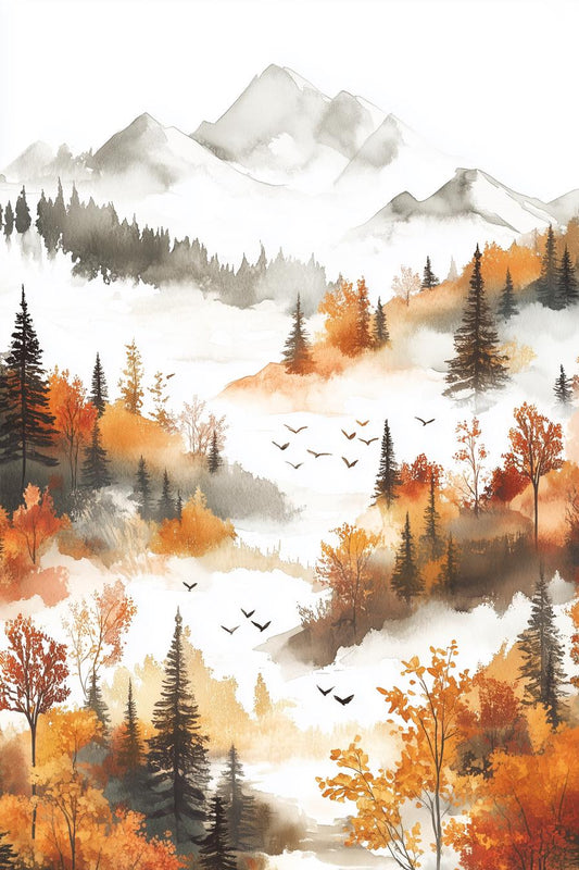 Autumn Mountain Landscape Art Print Inspired by Traditional Watercolor Techniques | Fall Wall Art | Home Decor Canvas & Digital Download