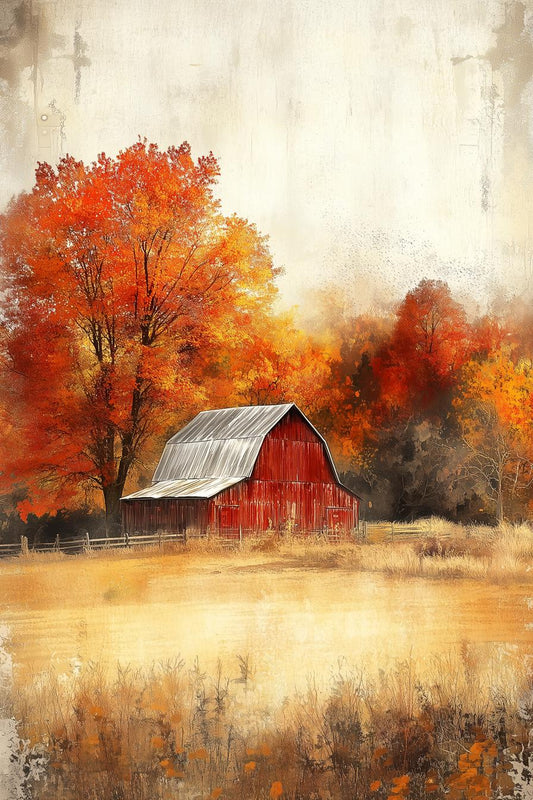 Rustic Autumn Barn Canvas Print Wall Art, Beautiful Fall Landscape Digital Download Home Decor Inspired by Andrew Wyeth