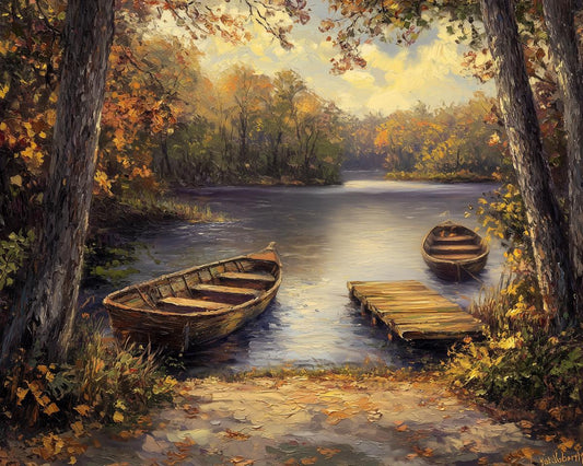 Autumn Serenity Canvas Print Inspired by Impressionism with Boats and Calm Waters for Home Decor and Wall Art