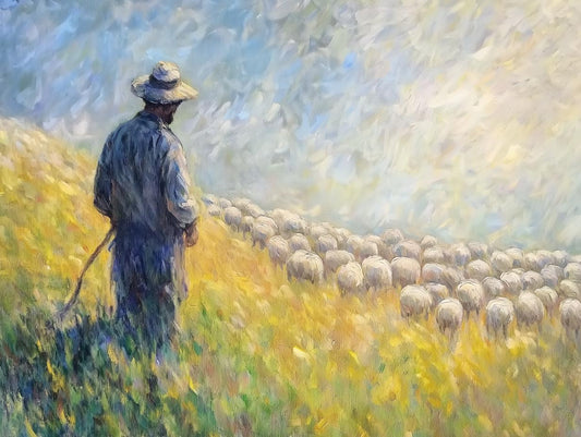 Impressionist Farmer with Sheep Canvas Print Wall Art in Yellow and Blue Pastoral Landscape Home Decor | Framed Canvas