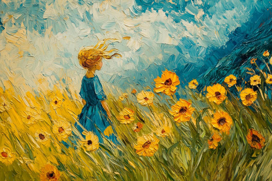 Custom Canvas Print Inspired by Van Gogh Featuring Golden Sunflowers and a Young Girl in Whimsical Blue Dress