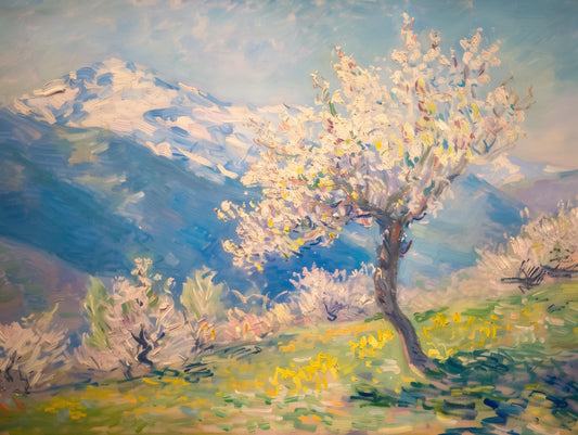 Claude Monet Inspired Cherry Blossom Tree Canvas Print | Mountainside Artwork | Golden Hour Home Decor | Digital Download