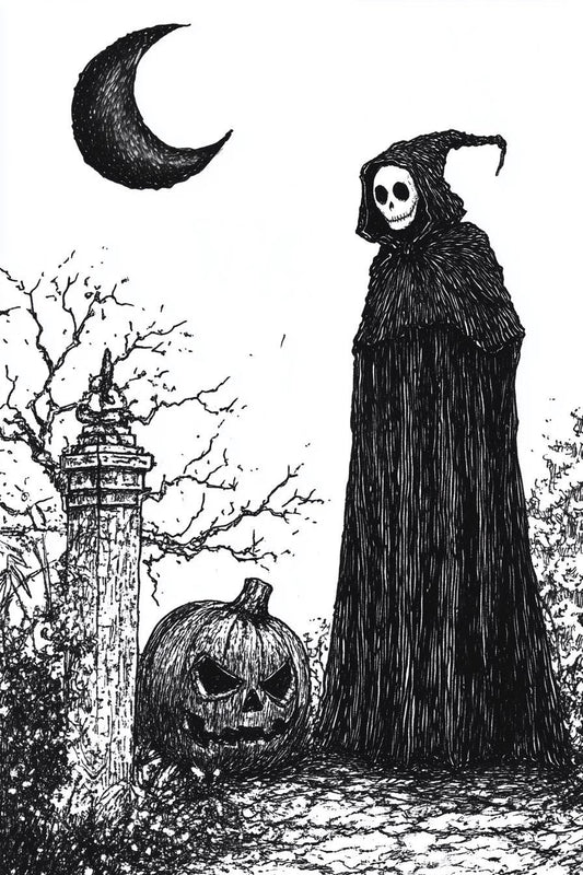 Gothic Halloween Wall Art Inspired by Edward Gorey with Spooky Pumpkin and Haunting Moon Canvas Print for Home Decor