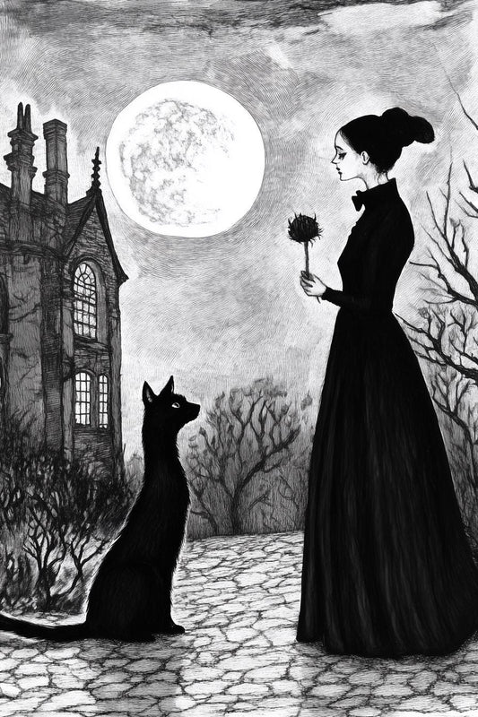 Gothic Black and White Canvas Print Wall Art in the Style of Edgar Allan Poe with Full Moon and Mysterious Woman