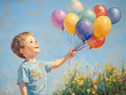 Cheerful Canvas Print of a Joyful Boy Holding Colorful Balloons in Impressionist Style Art for Home Decor