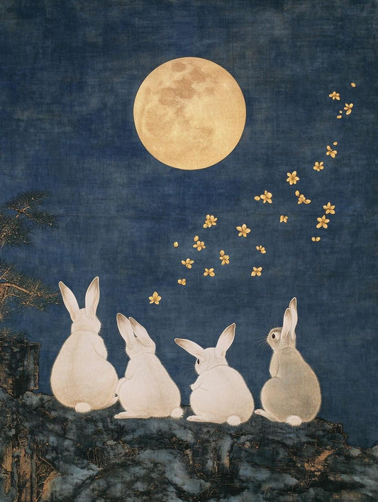 Charming Song Dynasty Gongbi Style Canvas Print of Small Rabbits Under Full Moon | Modern Blue & Gold Artwork | Custom Digital Download