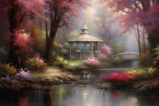 Serene Thomas Kinkade Inspired Canvas Print of Floral Gazebo by a Peaceful Stream | Custom Artwork | Home Decor | Digital Download