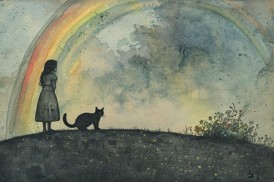 Whimsical Edward Gorey Inspired Canvas Print of Girl and Cat Gazing at Rainbow | Unique Wall Art | Custom Artwork | Home Decor