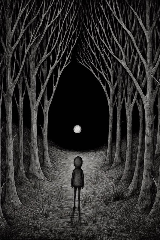 Alone with the Moon | Edward Gorey Inspired Canvas Print | Unique Moonlit Woods Artwork | Dark & Whimsical Home Decor | Download Available