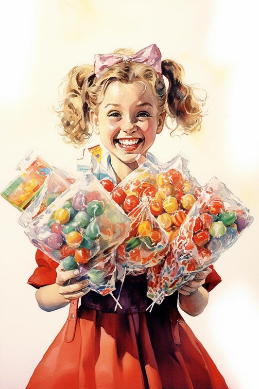 Charming Vintage Norman Rockwell Inspired Canvas Art | Happy Young Girl with Fists Full of Candy | Custom Wall Decor | Digital Download