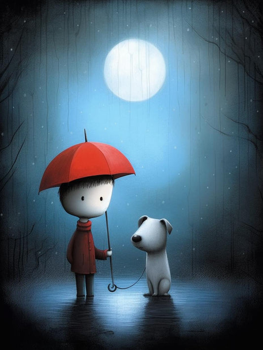 Quirky Doug Hyde Inspired Custom Canvas Print of Boy with Red Umbrella and Dog | Unique Wall Art | Whimsical Home Decor | Digital Download