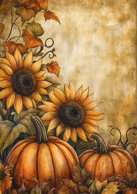 Vibrant Fall Harvest Sunflower and Pumpkin Canvas Print | Custom Digital Artwork | Autumn Home Decor | Mandy Disher Inspired Design