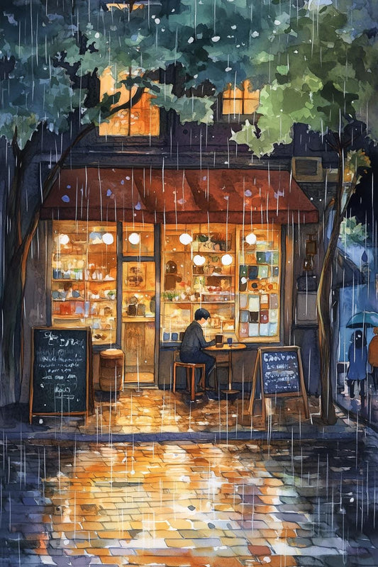 Charming Café in the Rain Canvas Print Inspired by Edward Hopper's Urban Night Scenes Art for Wall Decor