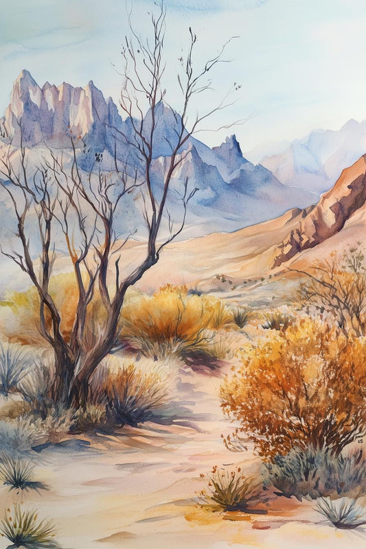 Original Watercolor Desert Landscape Canvas Print Inspired by Georgia O'Keeffe for Home Decor and Wall Art