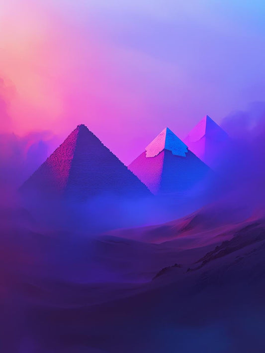 Surreal Pyramid Canvas Print in Vibrant Purple and Blue Hues for Unique Home Decor and Wall Art Inspired by Modern Artists