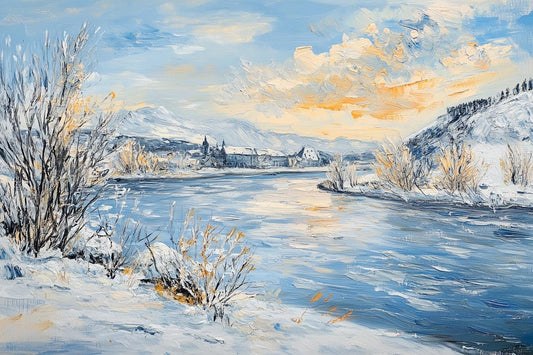 Serene Winter Landscape Canvas Print in the Style of Claude Monet with Soft Blues and Golden Hues for Home Decor