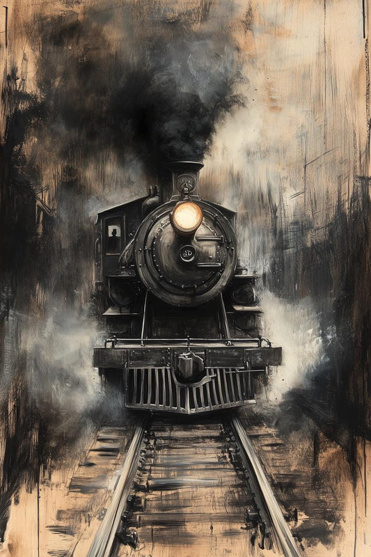 Vintage Train Canvas Print in Expressionist Style Dramatic Black and Gold Wall Art Home Decor Custom Artwork