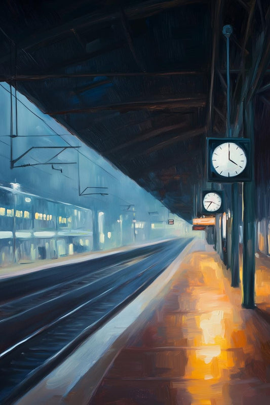 Atmospheric Railway Station Canvas Print Inspired by Edward Hopper with Cool Blues and Warm Illuminations