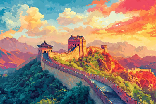 Stunning Great Wall of China Canvas Print in Vibrant Pastel Colors Inspired by Impressionist Style Home Decor Wall Art