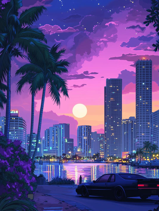 Retro Sunset Miami Canvas Print Inspired by Hiroshi Nagai with Palm Trees and Vibrant Colors for Home Decor