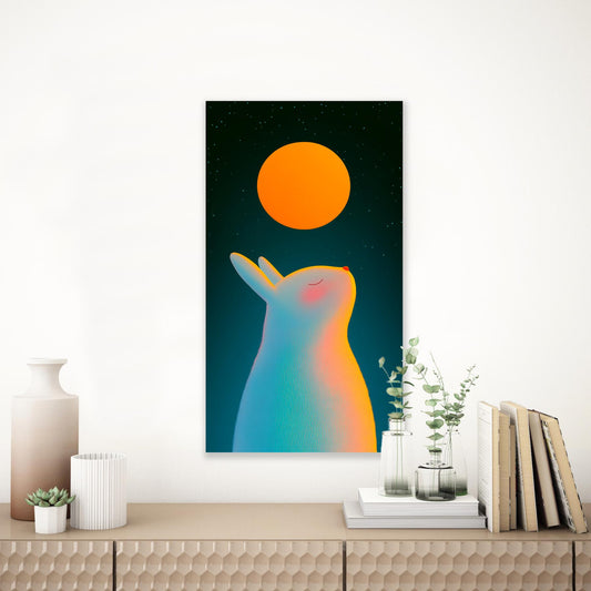 Charming Soft White Bunny Under Glowing Orange Moon Canvas Print | Fairytale Wall Art | Custom Digital Download | Gentle Home Decor