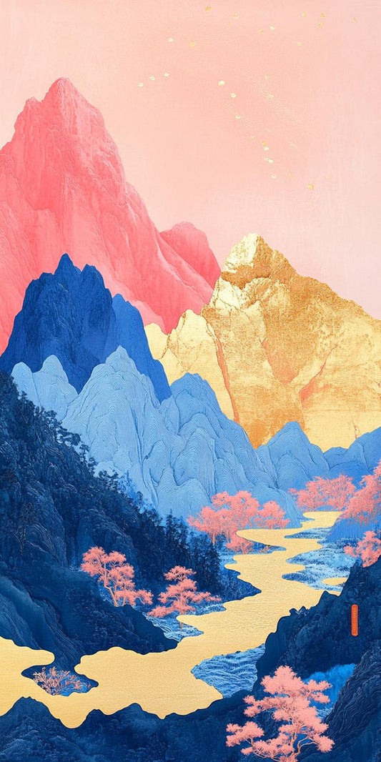 Modern Zen Pink and Blue Mountains Canvas Print | Custom Asian Art | Serene Wall Decor | Gold Stream Digital Download | Unique Home Decor