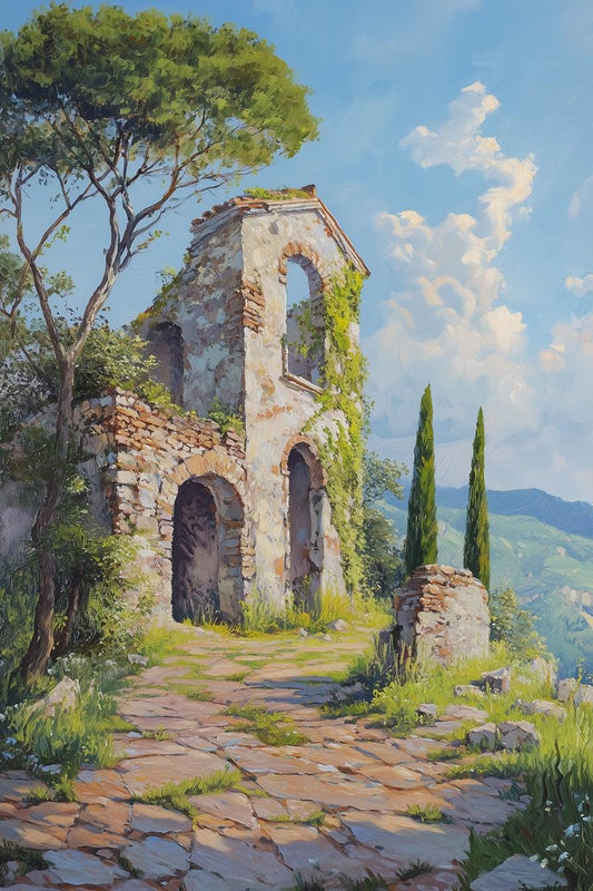 Custom Canvas Print of Abandoned Stone Ruins Inspired by Claude Monet with Lush Greenery for Home Decor Wall Art