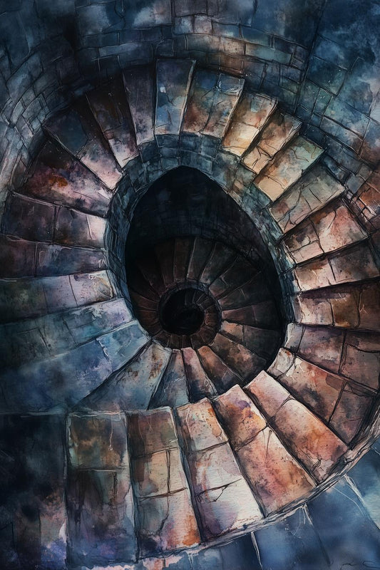 Spiral Stone Staircase Canvas Art Print Inspired by M.C. Escher for Home Decor and Unique Wall Art