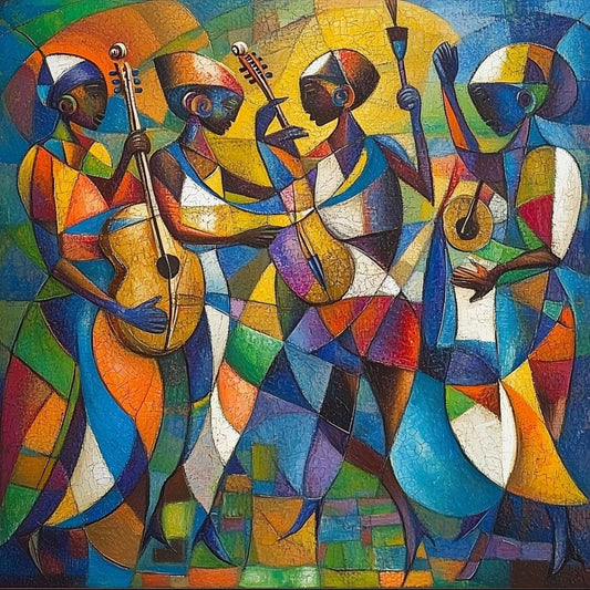 Musical Harmony Canvas Print in Vibrant Cubist Style Inspired by African Art for Dynamic Home Decor