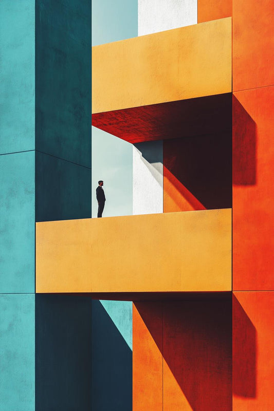 Vibrant Geometric Stairwell Canvas Print with Solitary Man | Eiko Ojala Inspired Art | Colorful Home Decor | Custom Digital Download