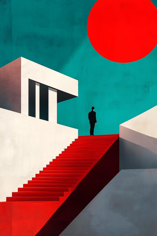 Modern Minimalist Canvas Print with Bold Red Staircase and Turquoise Background Inspired by Bauhaus Style Wall Art