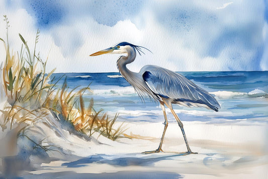 Elegant Great Blue Heron Watercolor Print for Home Decor Canvas Wall Art, Nature Inspired Coastal Art