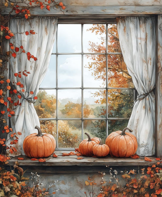 Warm Autumn Window Canvas Print with Pumpkins and Fall Leaves Digital Download Floral Home Decor Wall Art