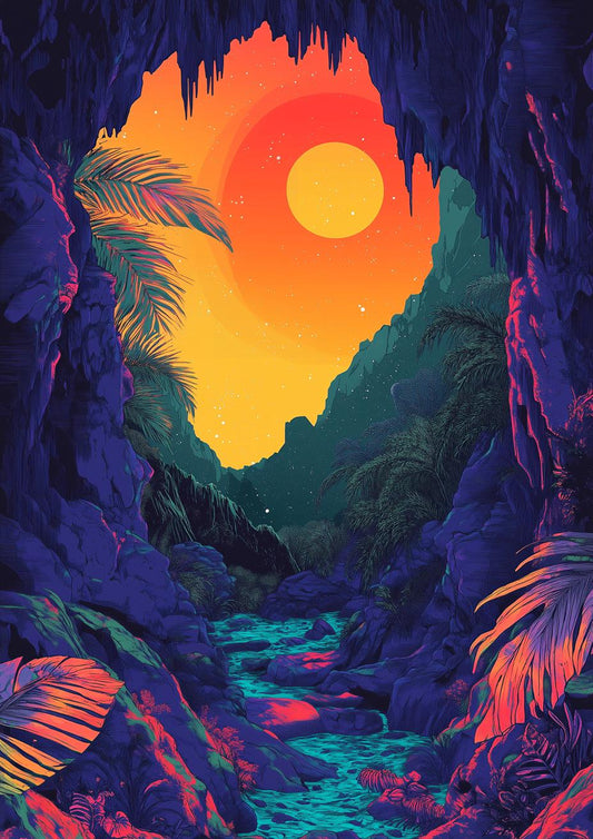 Vibrant Cave Sunset Art Print Inspired by Surrealism | Custom Canvas and Digital Download | Tropical Home Decor